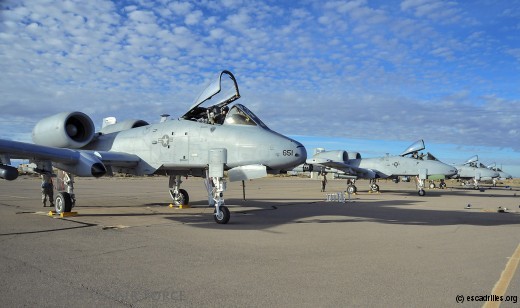 Four A-10C Thunderbolt IIs from the 354th Fighter Squadron, Davis-Monthan Air Force Base, Ariz., sit on the flightline at Holloman Air Force Base, N.M., after a training flight at White Sands Missile Range, N.M., Dec. 3, 2014.  The austere conditions of the missile range allow for pilots to get a close simulation of a deployed environment.  (U.S. Air Force photo by Airman 1st Class Chris Massey/Released)