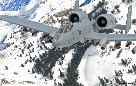 An A-10A Thunderbolt II (Warthog) assigned to the 190th Fighter Wing, Idaho Air National Guard flies over the snow-covered Sawtooth mountains on February 2008.